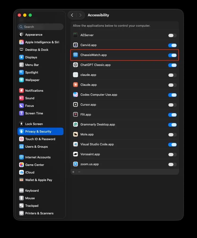 System Settings, Privacy & Security > Accessibility with ChassisWatch switched on