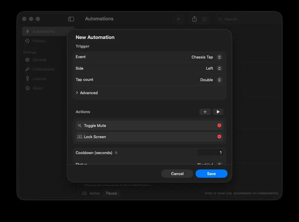 Automation with a Chassis Tap trigger and two actions